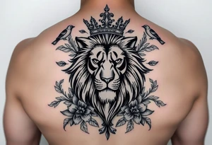 powerful majestic lion with a crown, surrounded by floral ornaments and birds tattoo idea