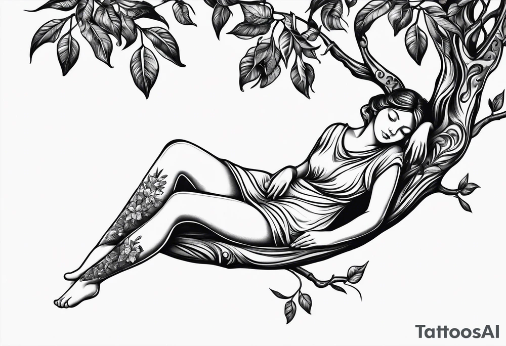 Fairy asleep on the branch of a lemon tree. tattoo idea
