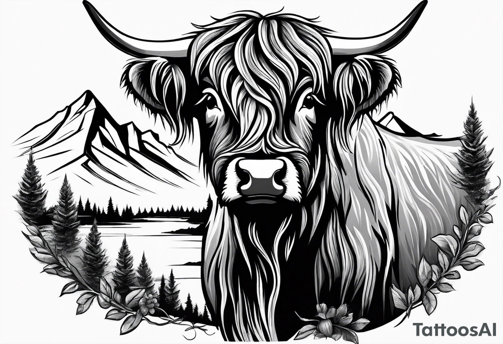 Highland cow with highland mountains tattoo idea