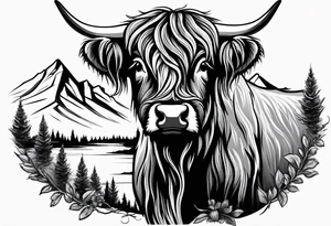 Highland cow with highland mountains tattoo idea