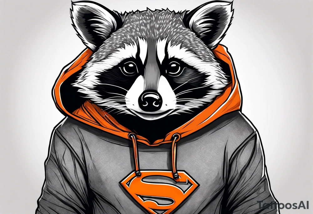 Raccoon wearing an orange Superman hoodie tattoo idea