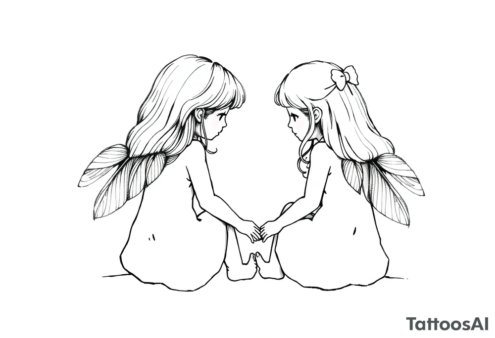Zwei kleine mädchen sitzen sich gegenüber eine hat einen Dutt die andere einen Zopf und sie berühren sich an den Fußsohlen tattoo idea