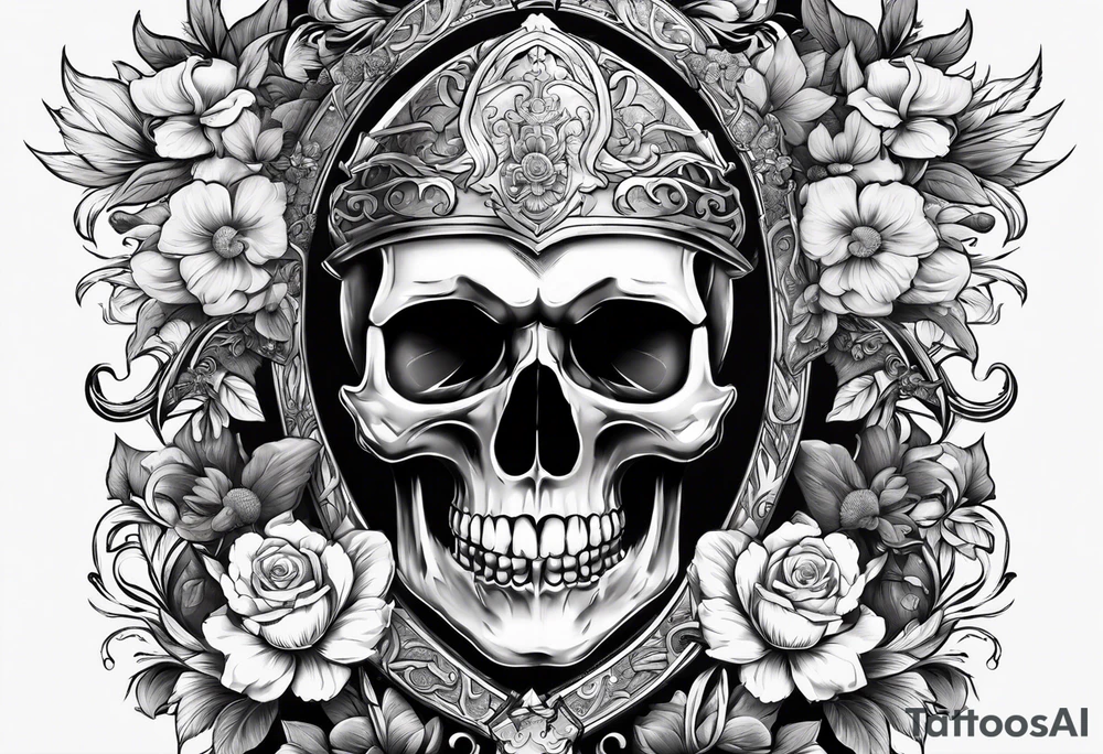 Skull with a sword going thru chin thru top of head with flowers around the sword tattoo idea