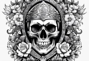 Skull with a sword going thru chin thru top of head with flowers around the sword tattoo idea