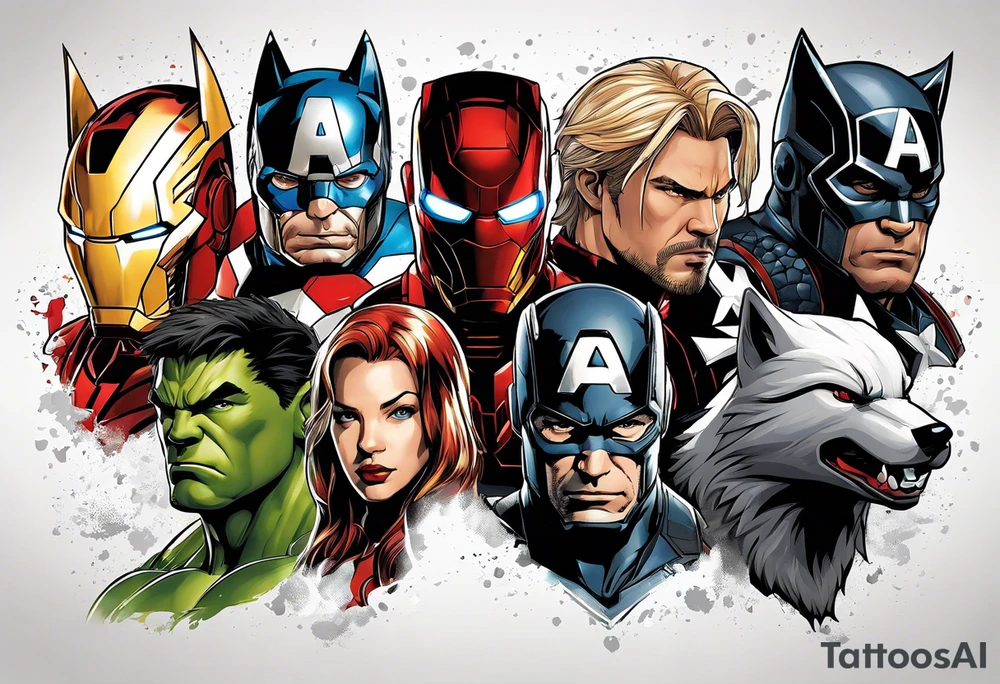 I want to change Avengers Team characters with animals. Hulk will be Badger, Thor will be Alpha Grey Wolf, Captain America will be Bull, Iron Man will be Canary, Black Widow will be Axolotl, Hawk Eye will be Sudan Plated Lizard and Nick Fury will be Cat. tattoo idea