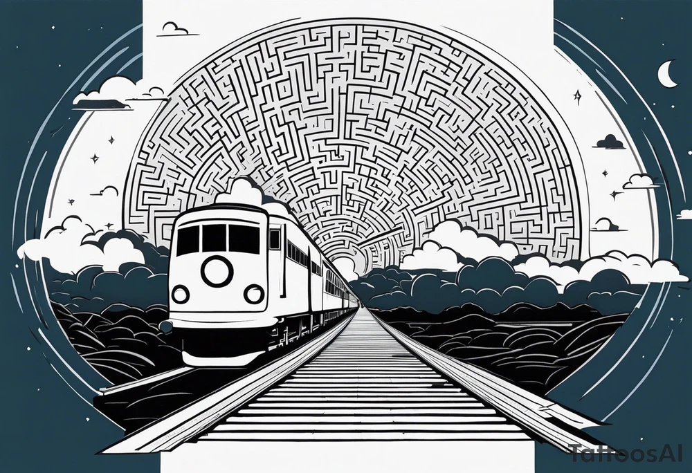 Maze with a train track in the middle. Sky cracking with moon of time tattoo idea