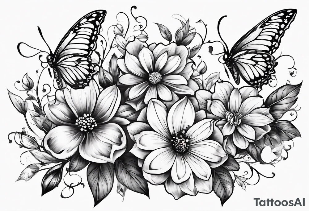Flowers with "Ruby" in calligraphy font and butterflies around it tattoo idea