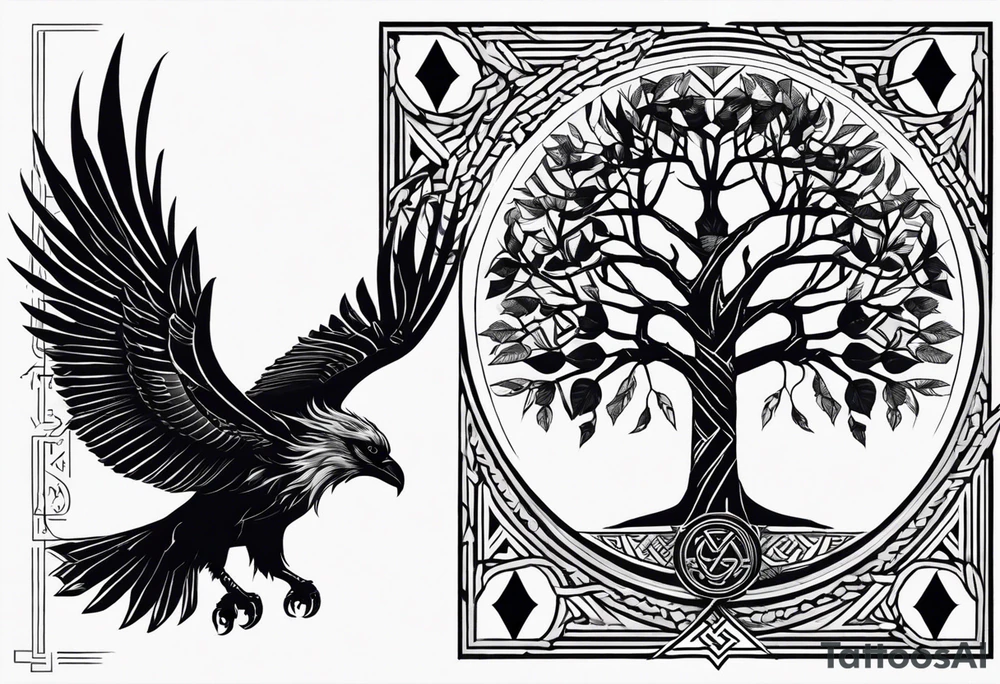 Viking design. Vegvisir on top of a raven with its wings outstretched, below it a Viking valknut symbol intertwined beneath it a tree if life design tattoo idea