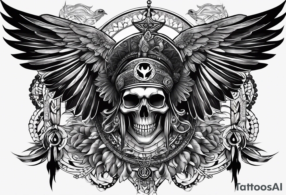black kali, goddess pirate, alien, pachamama, valkrye, warrior, skull, lotus azul, wing, eagle, zenza resonance, stars, one side chest tattoo idea