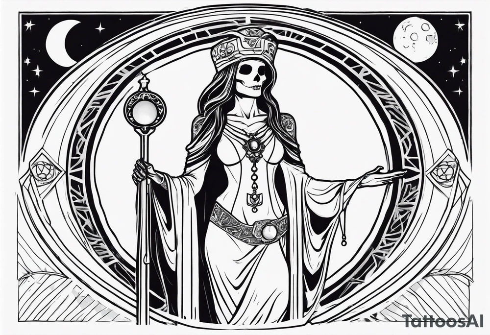 High priestess as a skeleton with moon tarot card tattoo idea