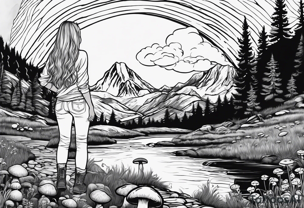 Whole picture encircled fully

Straight long blonde hair hippie girl in distance holding mushrooms in hand facing away toward mountains and creek surrounded by mushrooms long sleeve shirt and hiking pants; whole rendering within a full circle, no cut off circle tattoo idea