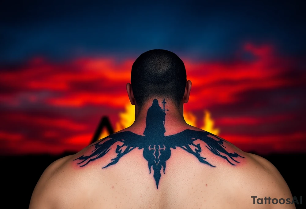 A silhouette of Jan Hus standing before a bonfire, with fiery orange and red shades blending into a deep blue sky. tattoo idea