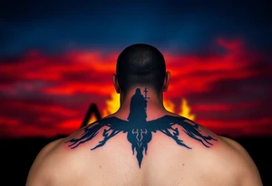 A silhouette of Jan Hus standing before a bonfire, with fiery orange and red shades blending into a deep blue sky. tattoo idea