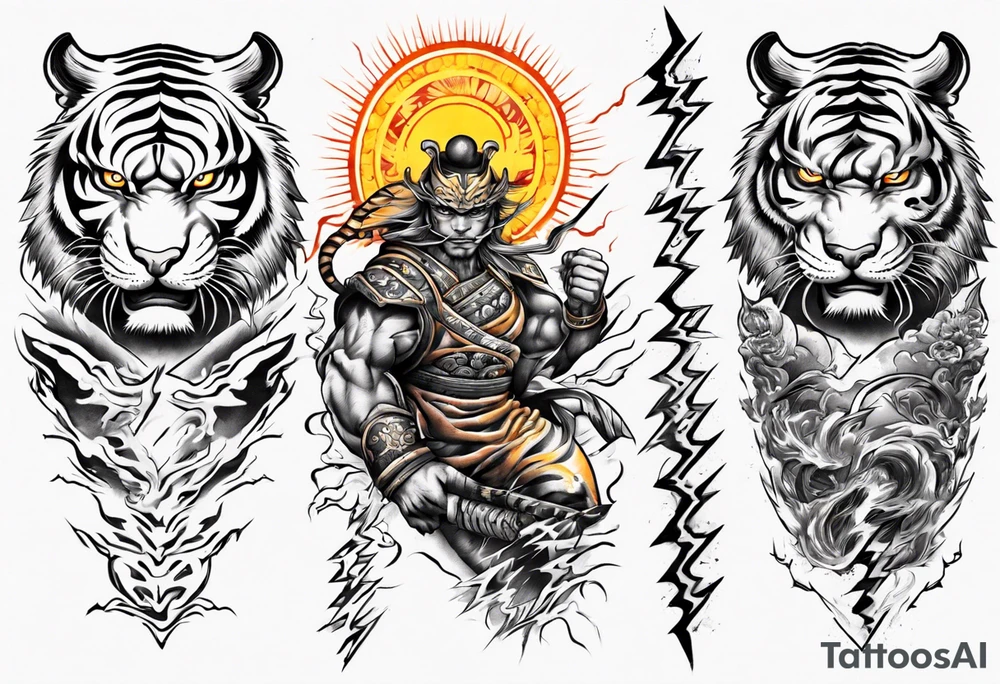 tiger warrior with lightning and the sun for a forearm sleeve tattoo idea