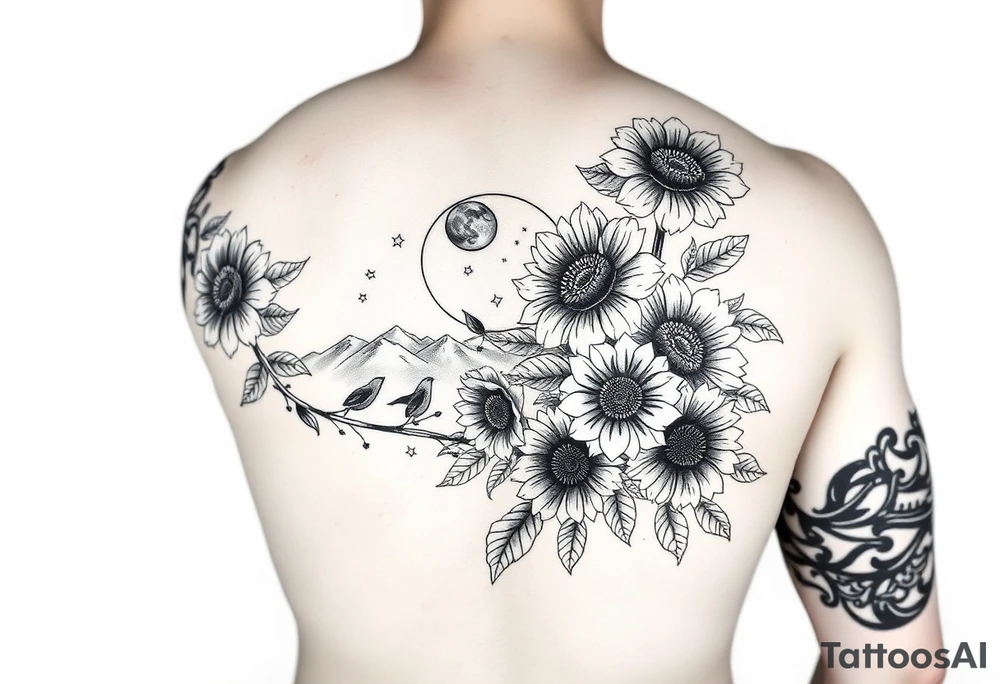 Forearm wrap around tattoo with roses and vine with sunflowers moon and stars mountains tattoo idea