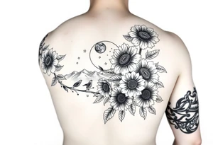 Forearm wrap around tattoo with roses and vine with sunflowers moon and stars mountains tattoo idea