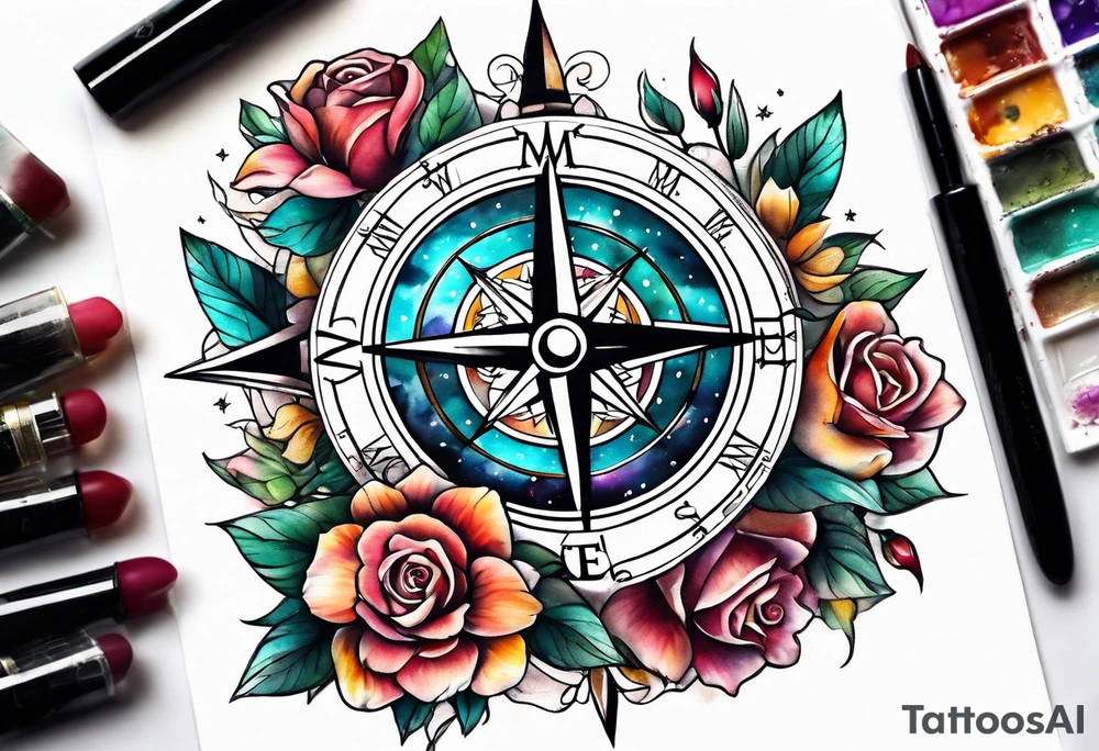 Compass with mountains and moons and flowers like roses or orchids tattoo idea
