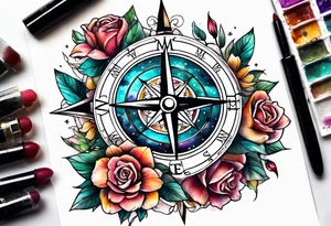 Compass with mountains and moons and flowers like roses or orchids tattoo idea