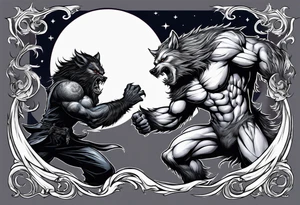 Muscular werewolf fighting a vampire under the moon tattoo idea