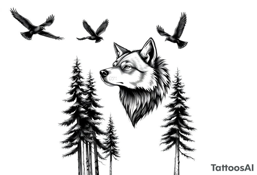Tall pine trees with a large wolf head hovering in the foreground and 4 ravens flying overhead tattoo idea