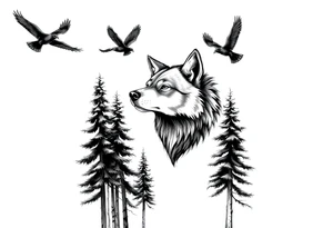Tall pine trees with a large wolf head hovering in the foreground and 4 ravens flying overhead tattoo idea
