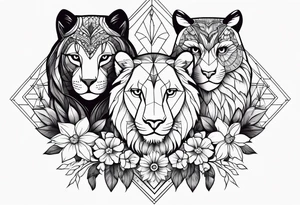 lionesses and owl wit flowers tattoo idea