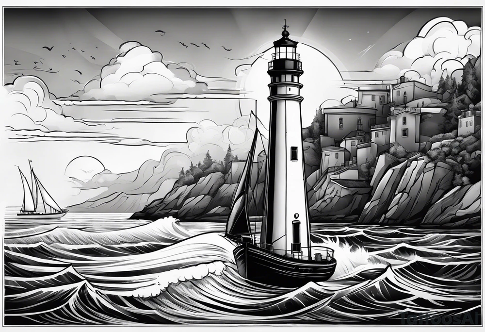 phare maritime dans un bateau a voiles vu du devant. tattoo idea