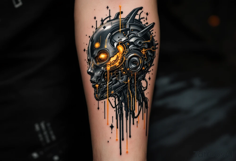 An android full arm design in glossy gunmetal, lit from within by soft amber light trails tattoo idea