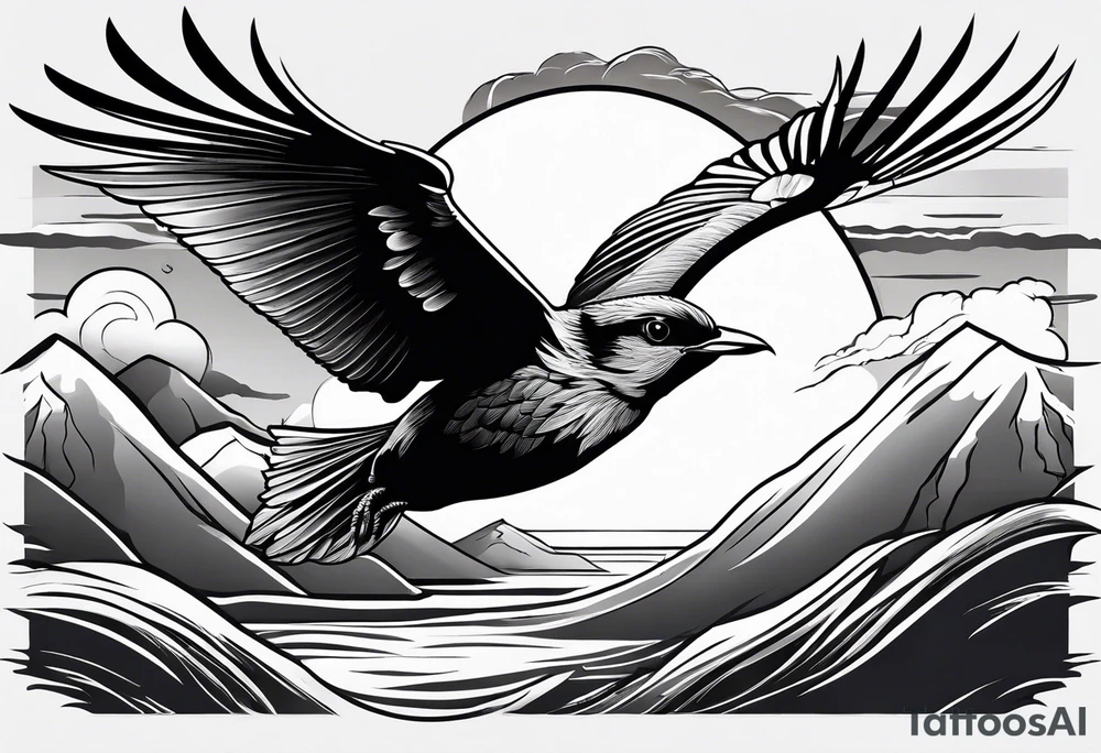Beautiful bird flying to sundown tattoo idea