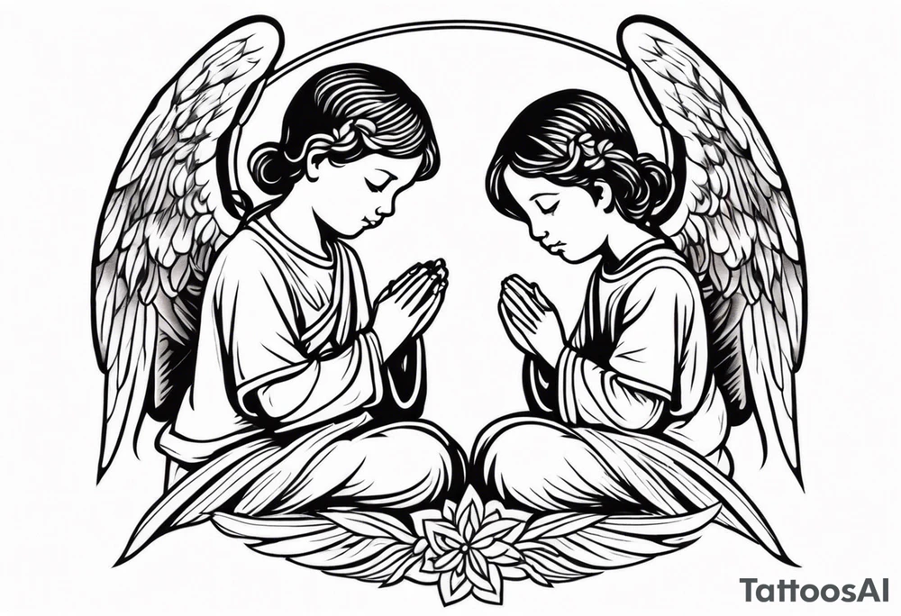three angels praying together. The two boy angels are on either side of the girl angel, with their wings gently enfolding tattoo idea