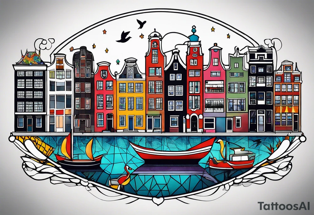 Tattoo of animals made from glass in Amsterdam featuring Amsterdam buildings and canal in galaxy colours featuring pineapples and birds tattoo idea