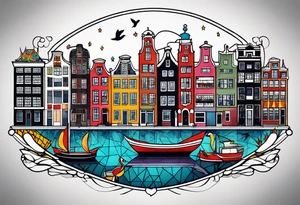 Tattoo of animals made from glass in Amsterdam featuring Amsterdam buildings and canal in galaxy colours featuring pineapples and birds tattoo idea