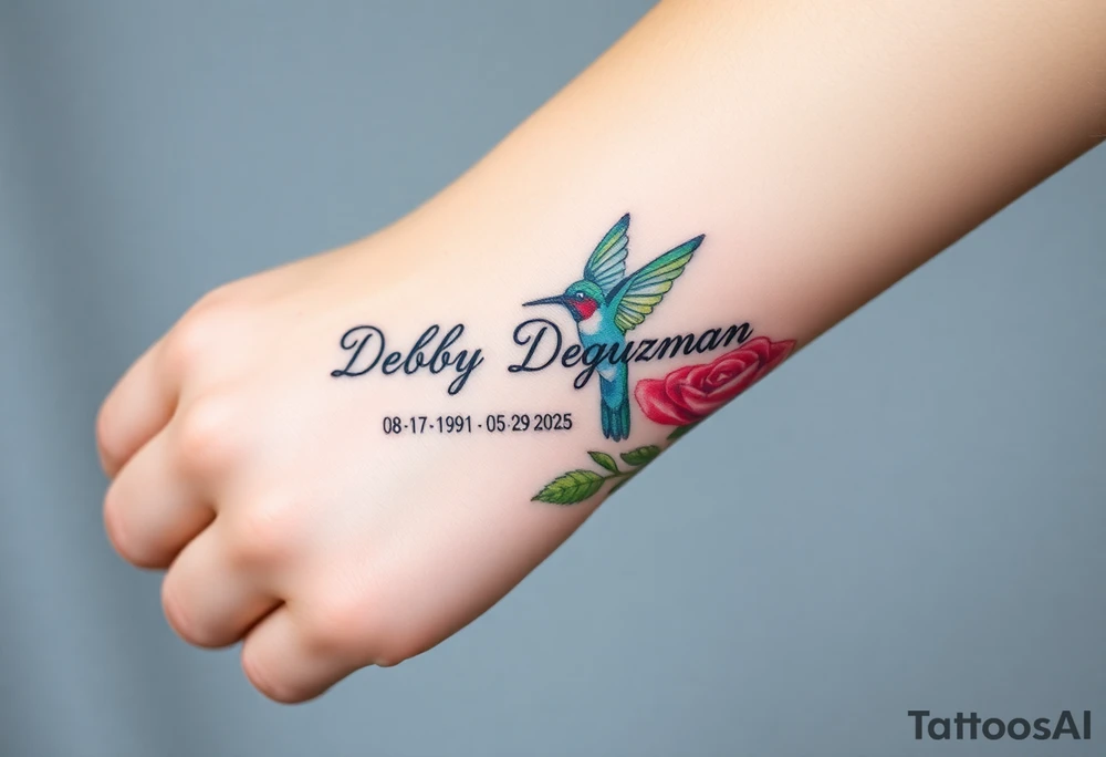 A tattoo on the forearm with the name Debby Deguzman with a humming bird and a rose 08-17-1961 to 05-29-2025 tattoo idea