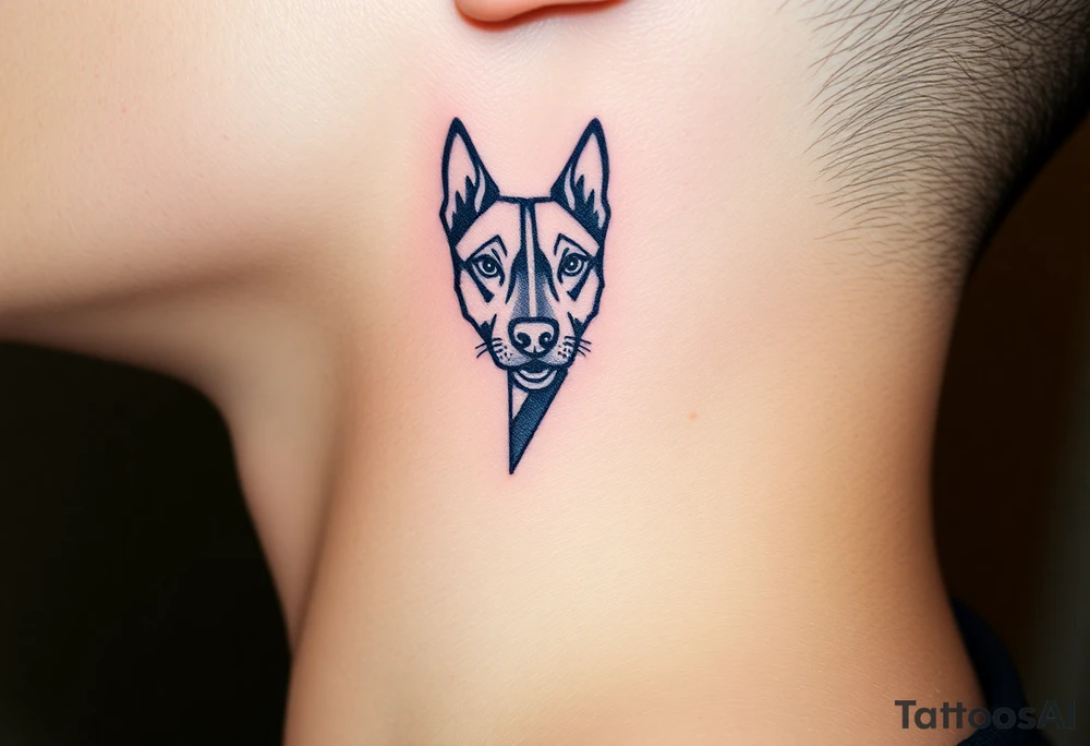 One line tattoo of dog with white strip going up dog’s snout slightly off centered. With young slightly out tattoo idea