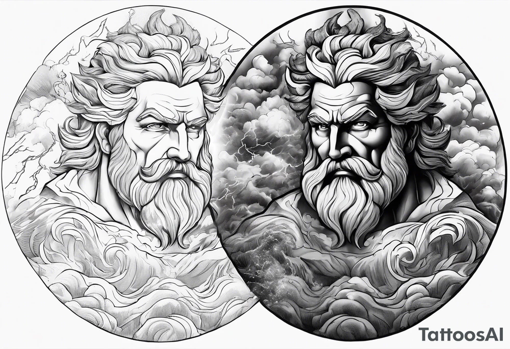 Zeus with a lightning bolt on clouds and Hades in hell below tattoo idea