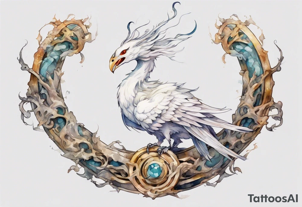 a white bird-serpent hybrid, wearing a iron crown, wrapped around a stone tattoo idea