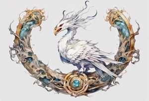 a white bird-serpent hybrid, wearing a iron crown, wrapped around a stone tattoo idea