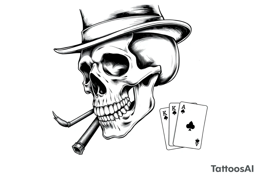 skull with top-hat and cigar in his mouth, playing cards. tattoo idea