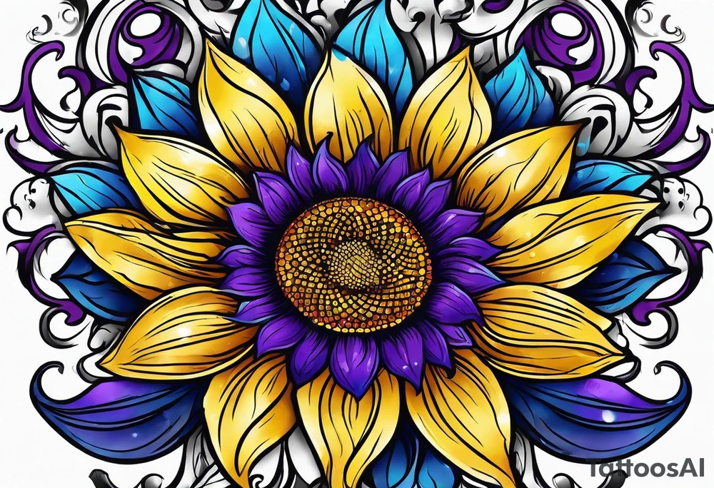 Purple, yellow and blue sunflower arm sleeve tattoo idea