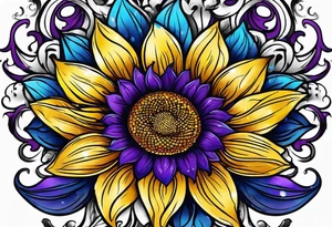 Purple, yellow and blue sunflower arm sleeve tattoo idea