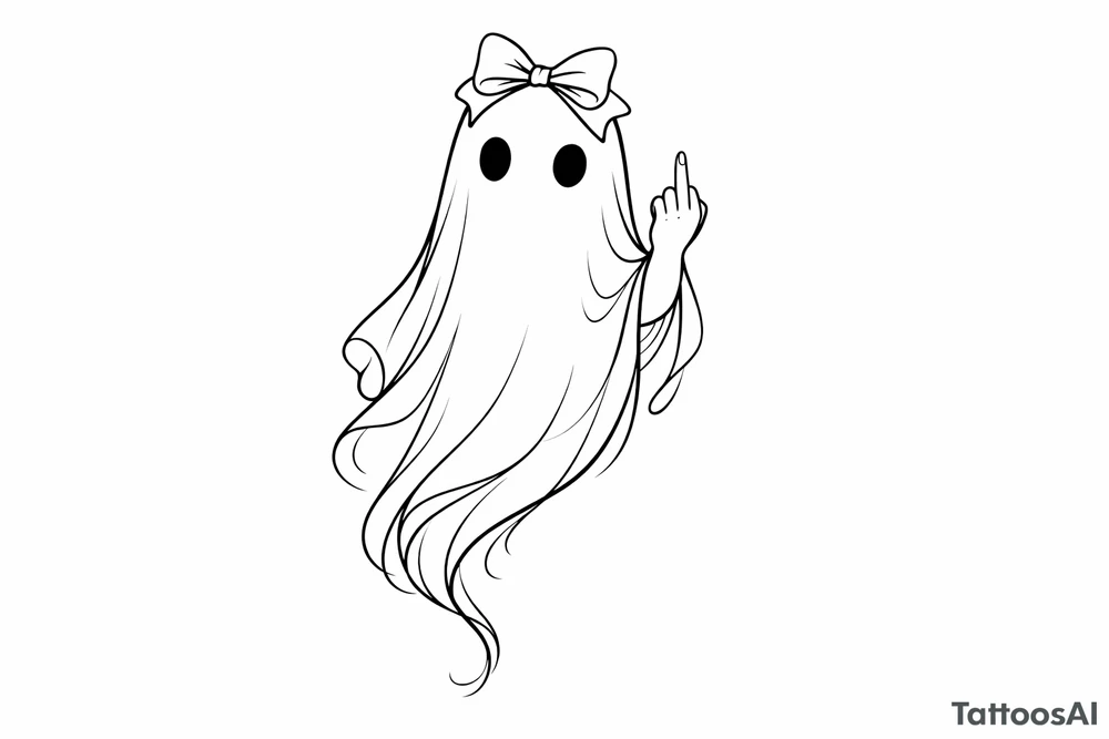 Tall girly ghost line work with middle finger up and bow on head tattoo idea