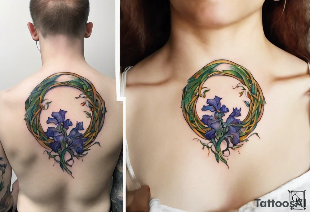 Create a small, colorful Vincent van Gogh Irises tattoo in the form of a crescent, with vines in Celtic knot style gracefully intertwining at a central point in the middle of the wreath. The intended placement is on the upper chest. The middle needs mountains. The overall design should be small in size while maintaining a delicate and artistic aesthetic. Pay attention to the graceful flow of the vines and the placement of the irises to achieve a refined and elegant look. tattoo idea