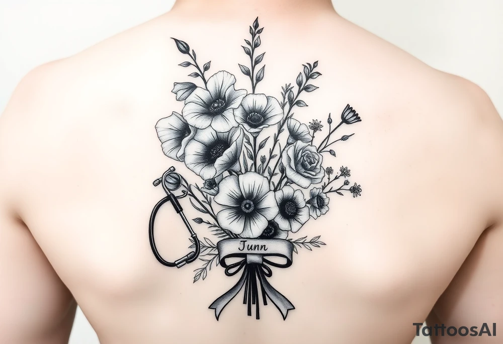black and white tattoo with a bouquet of hollyhocks, one wild rose, and two wild flowers. Put a full realistic stethoscope along side seperately from the bouquet not touching it. Include three names among the flowers: June Etta Roxy Rosalie. make the bouquet have a ribbon bow towards the bottom holding the flowers like they had just been picked from the garden tattoo idea
