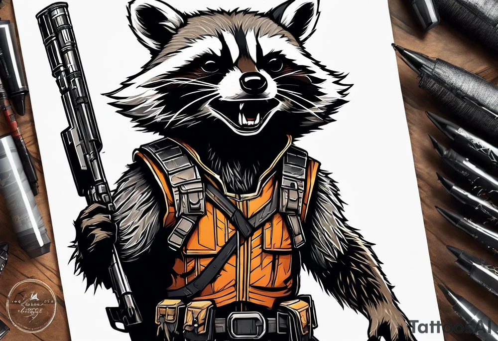rocket raccoon in a defensive position in a forest tattoo idea