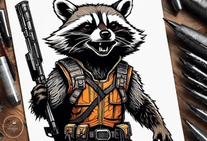 rocket raccoon in a defensive position in a forest tattoo idea