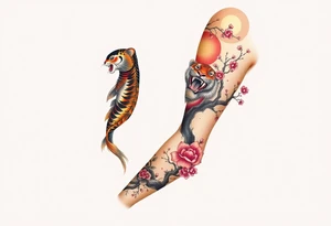 Beautiful full sleeve with a koi fish, tiger, sun, and cherry blossom tree tattoo idea