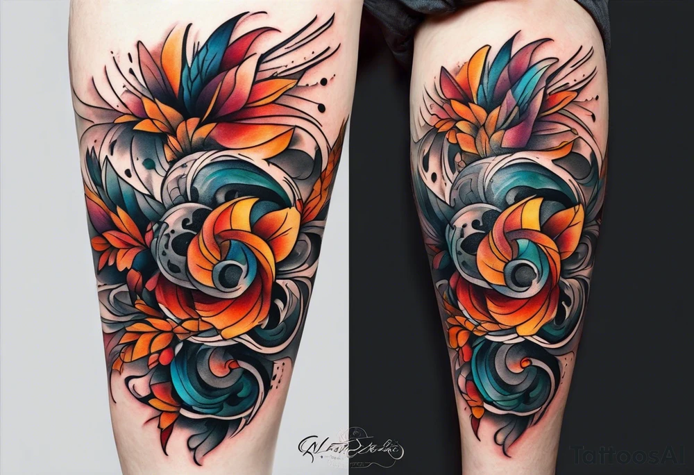 Knee tattoo in fall colors with water flow washes tattoo idea