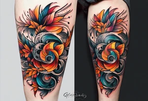 Knee tattoo in fall colors with water flow washes tattoo idea