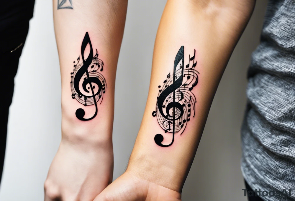 design matching tattoos for bff and i combines elements of music, friendship, and sophisticated aesthetics for you and your best friend. somehow incorporates two musical staffs in a slight 3D. Shading techniques. On one staff, a single B note represents "best," while the other staff features two notes for "friends forever." render musical elements  in crisp black ink, creating a clean and timeless look.At the end of each staff, small, photorealistic 3D gemstones (1 deep purple garnet and the other -opal with flashes of blue and purple iridescence) should appear to float just above the skin. Behind musical staffs & gems, subtle ombre shading effect transitioning soft purple to deep blue. hyper-realistic gems are focal point, contrasting crisp, clean lines of the musical notation (shaded for dimension). tattoo idea