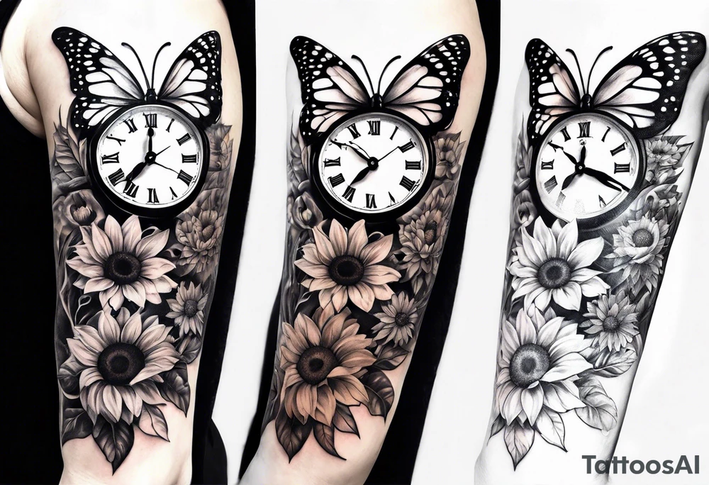 Sleeve with clock, sunflower and butterflies tattoo idea